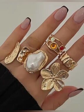 Gold-Tone Floral, Pearl & Gemstone Stackable Ring Set